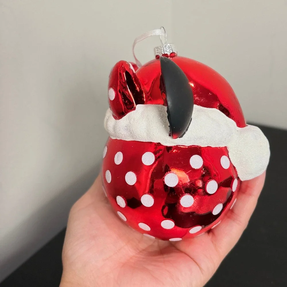 Disney Minnie Mouse Red Polka Dot Glass Christmas Ornament with Ears and Bow